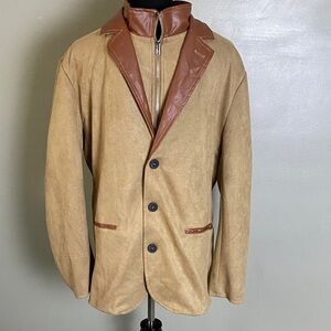 Manly Men’s Tan Khaki Suede Blazer Jacket w Leather Accents Zipper Inner Layer M